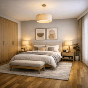 Modern minimalist bedroom 3D render