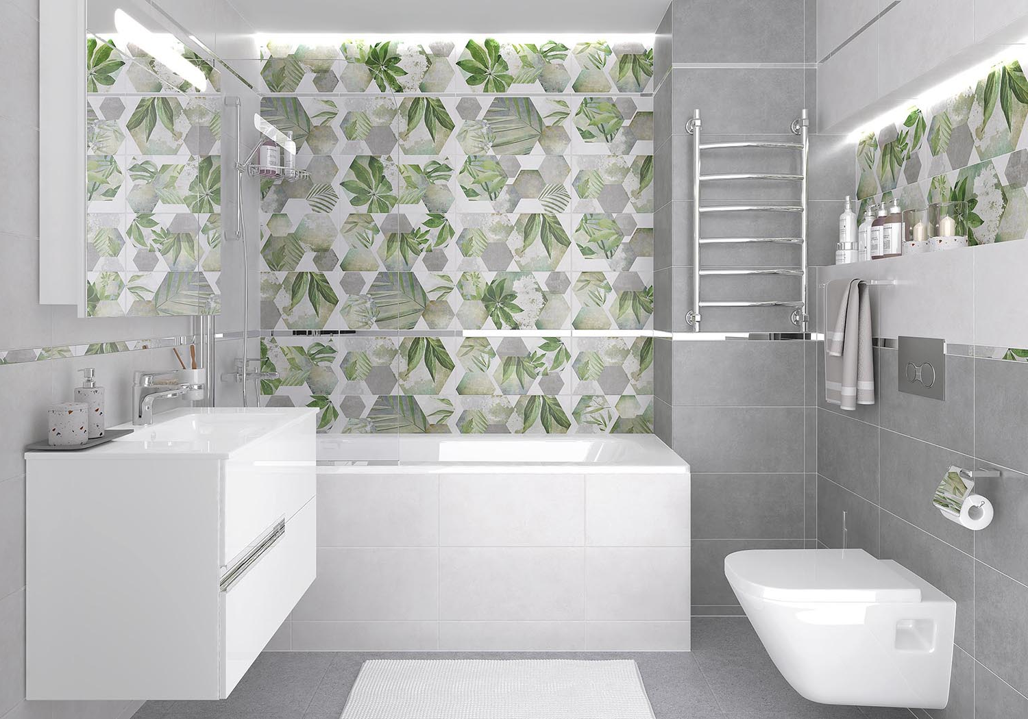 Geometric hexagon tiles used as a bathroom accent
