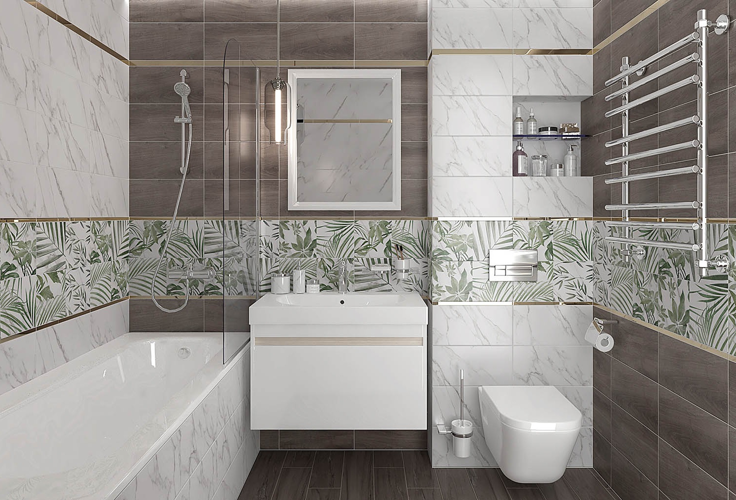Terrazzo-inspired bathroom tiles with a restrained decorative pattern