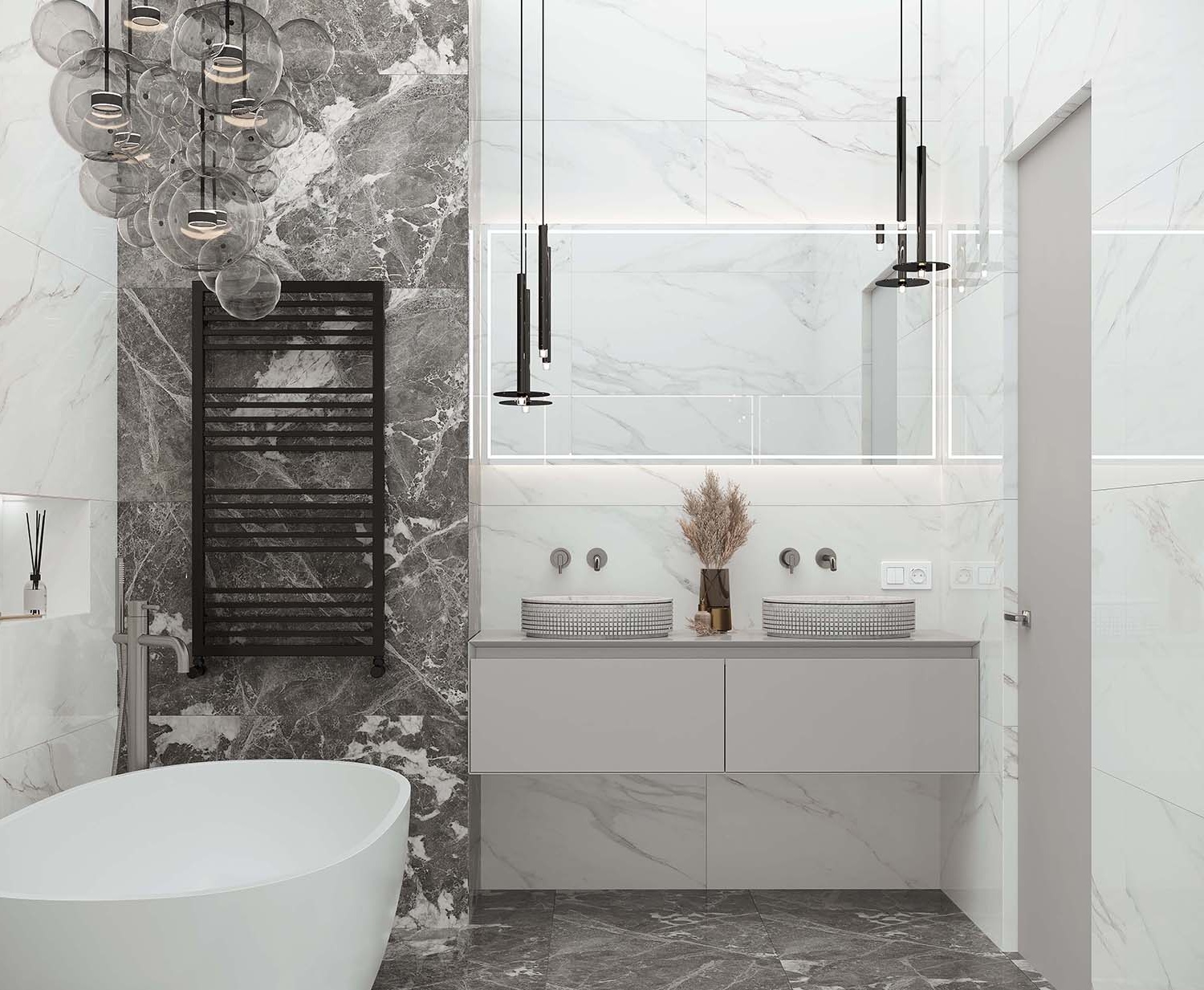 Modern bathroom tile design with coordinated wall and floor finishes