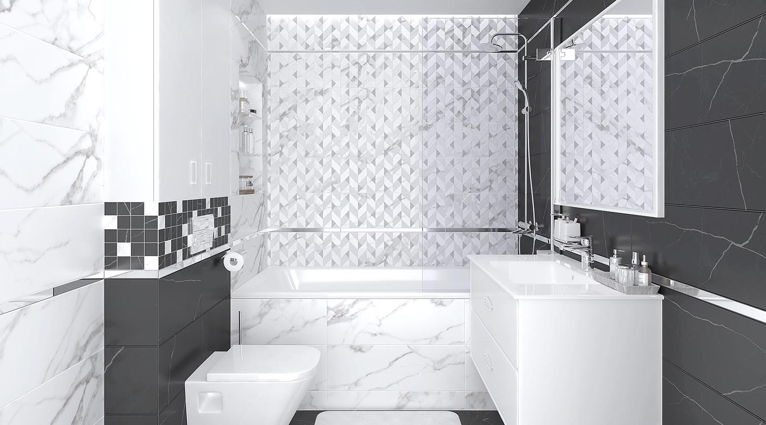 Different types of ceramic and porcelain bathroom tiles