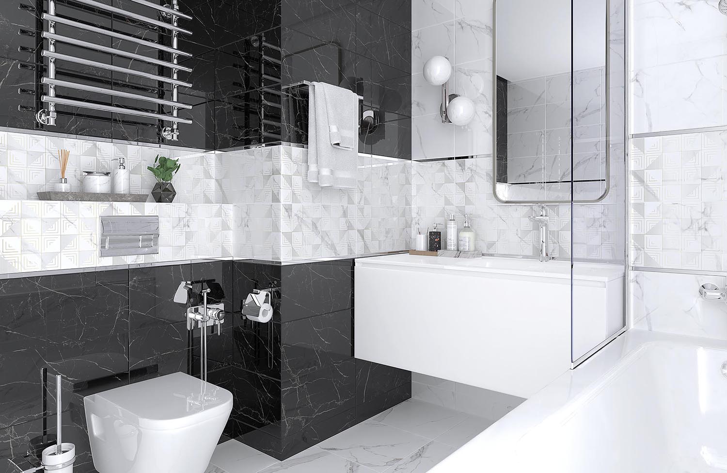 Bathroom tile installation showing hard surfaces and visible grout joints