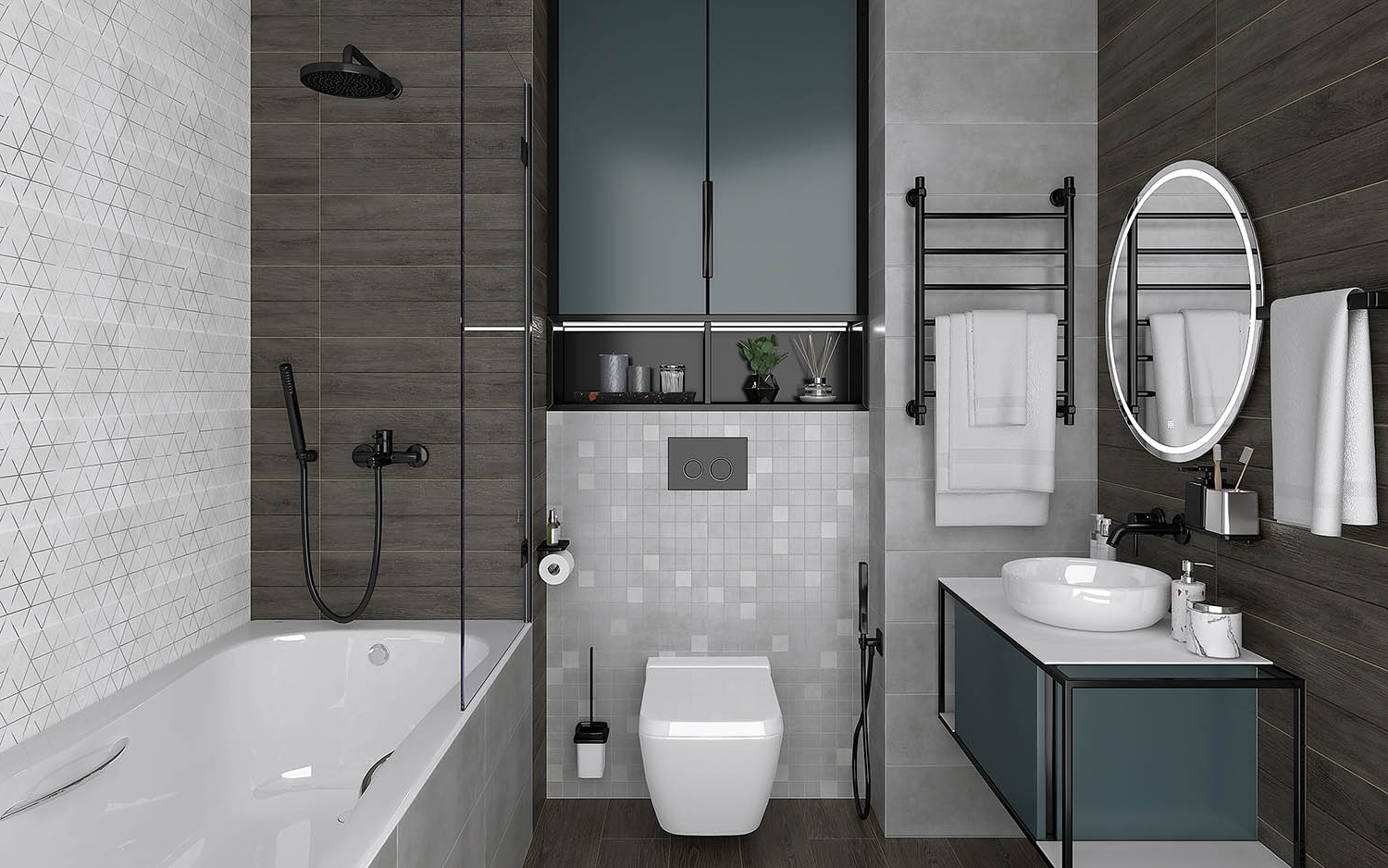 Natural stone-effect tiles in a warm modern bathroom