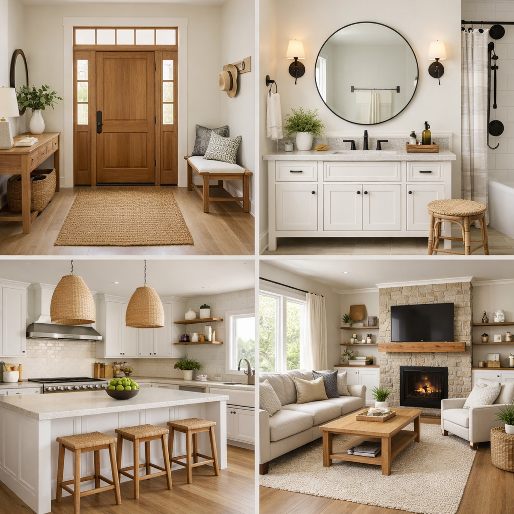 clean entryway, bathroom, kitchen, living room