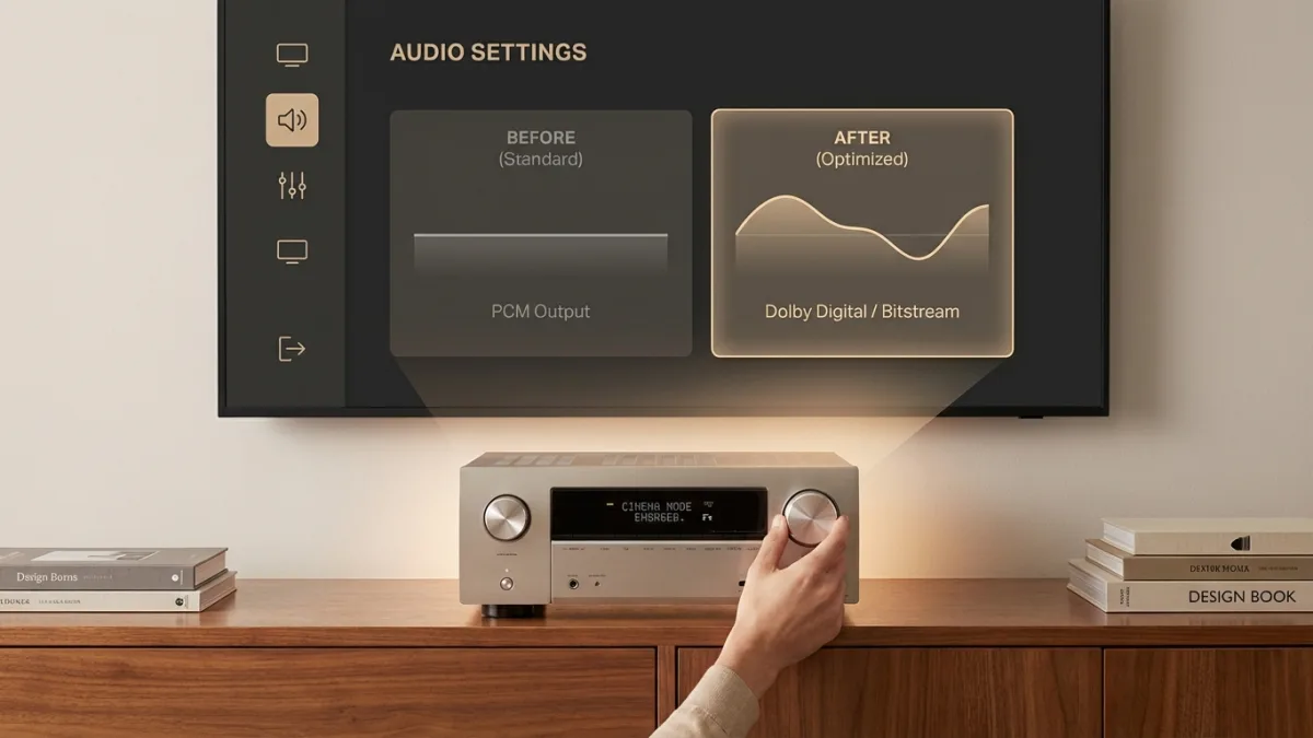 A person adjusting audio settings on a television screen with a remote control for optimal sound.