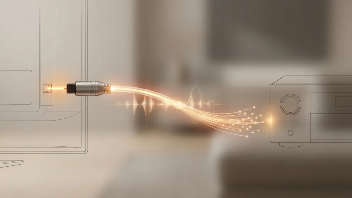 A bright TOSLINK optical cable is plugged into the audio port of a television to transmit sound.