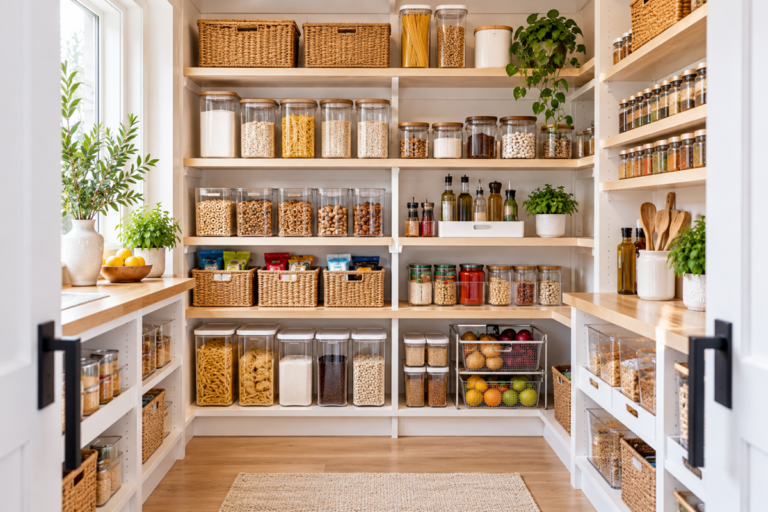 Bright organized kitchen pantry with clear containers, baskets, spices and dry food storage