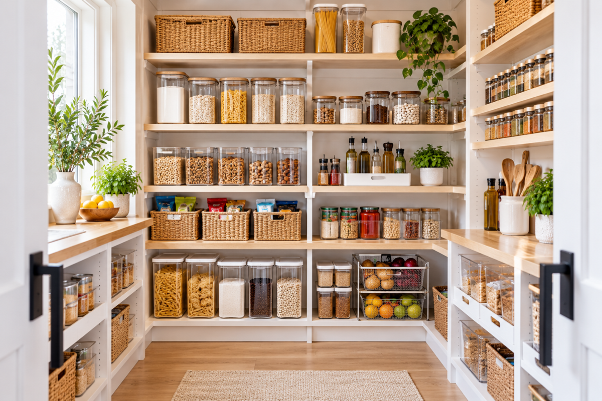 Bright organized kitchen pantry with clear containers, baskets, spices and dry food storage