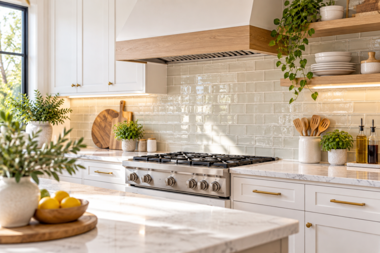 Bright modern kitchen with a neutral tile backsplash, white cabinets and wood accents