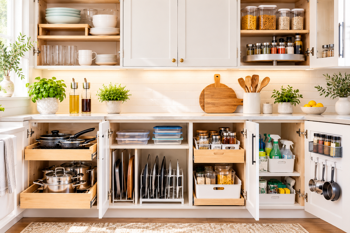 Organized kitchen cabinets with dishes, cookware, food containers and storage organizers