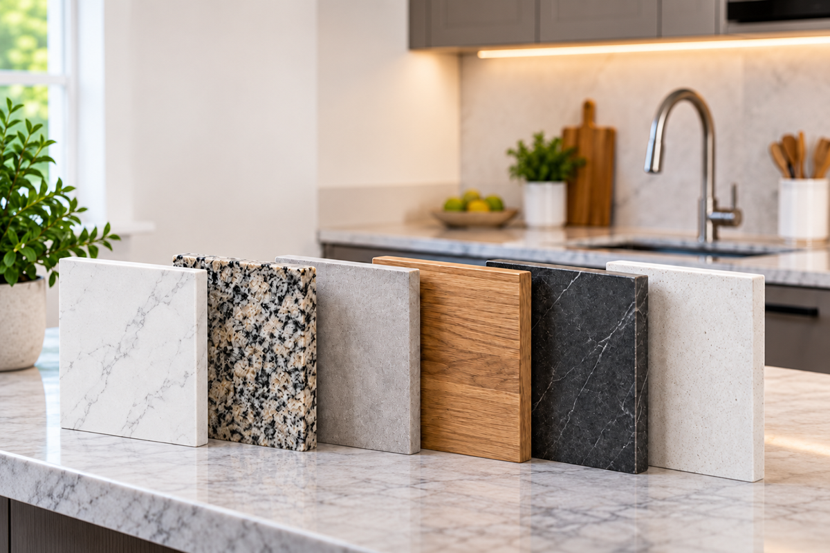 Kitchen countertop materials including quartz, granite, laminate, wood, porcelain and solid surface