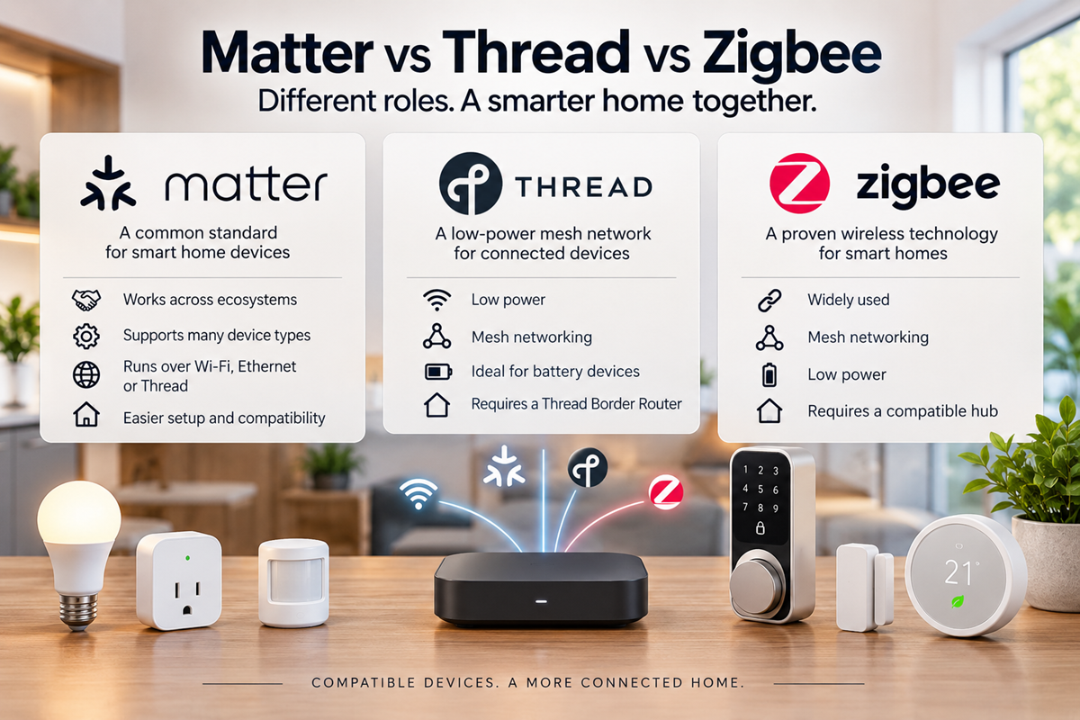 Matter vs Thread vs Zigbee comparison for smart home devices