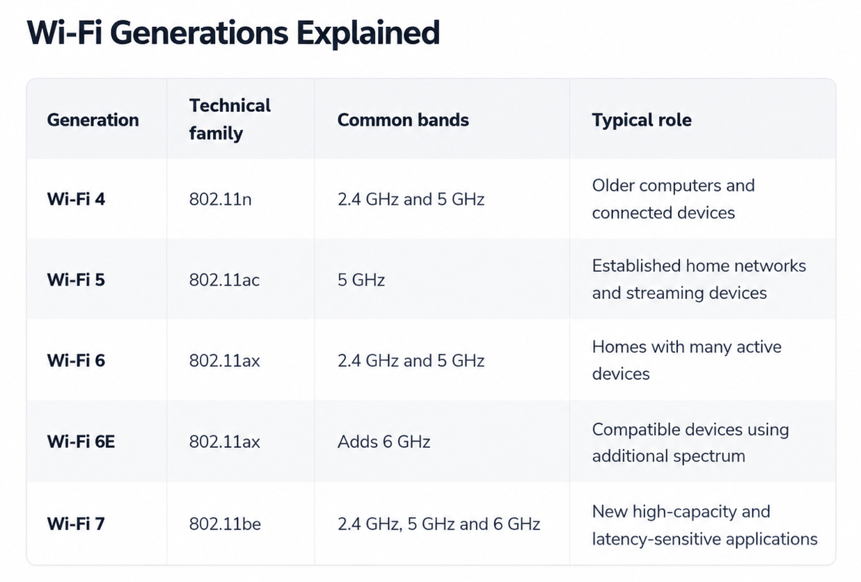 Wi-Fi generations compared by bands and typical uses